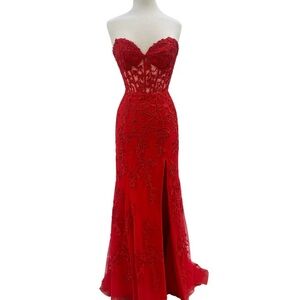 Sherri Hill Strapless Red Leaf Lace Embroidered Evening Gown Prom Dress